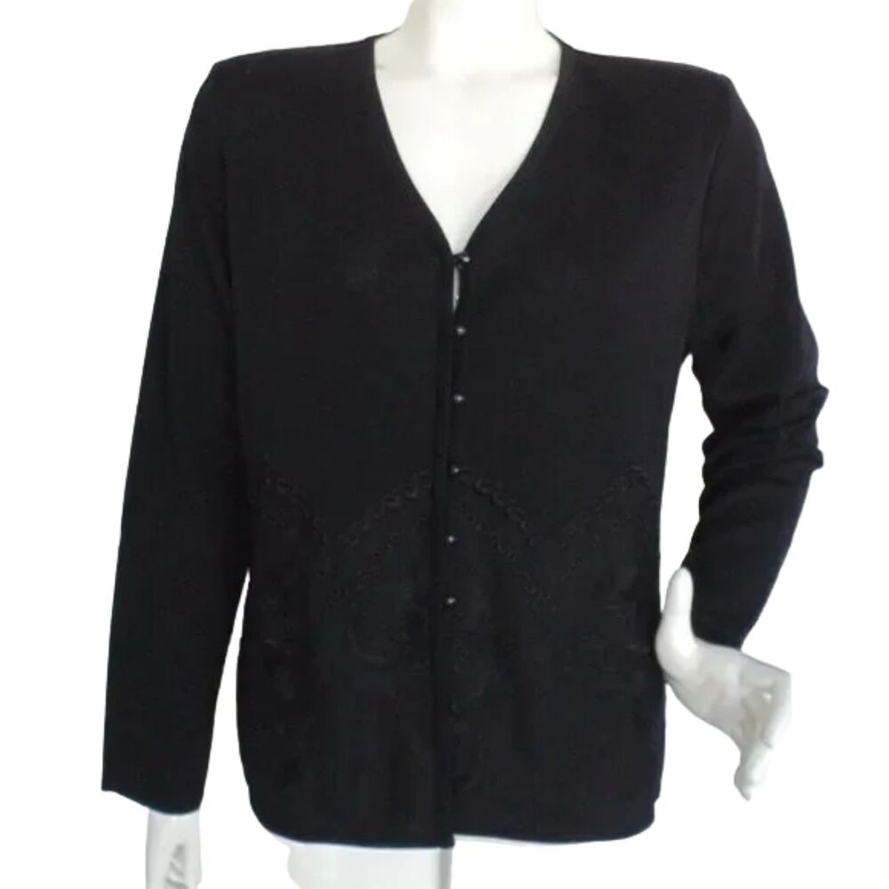 EXCLUSIVELY MISOOK Cardigan Sweater, M, Black, Buttons, Embroidered